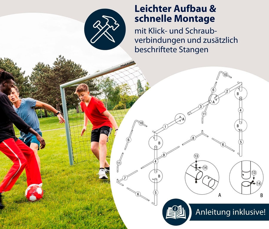 Drei Jungen spielen Fußball mit einem Hudora Fußballtor »Expert 240« auf einer Wiese.
