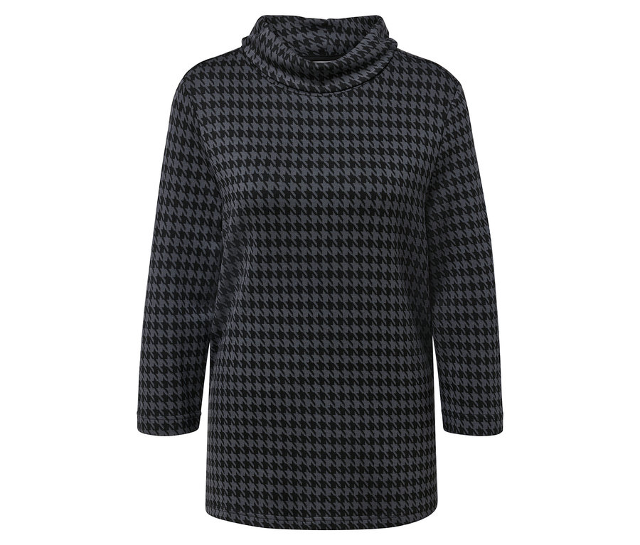 Graues Tunikakleid mit Hahnentrittmuster und langen Ärmeln.