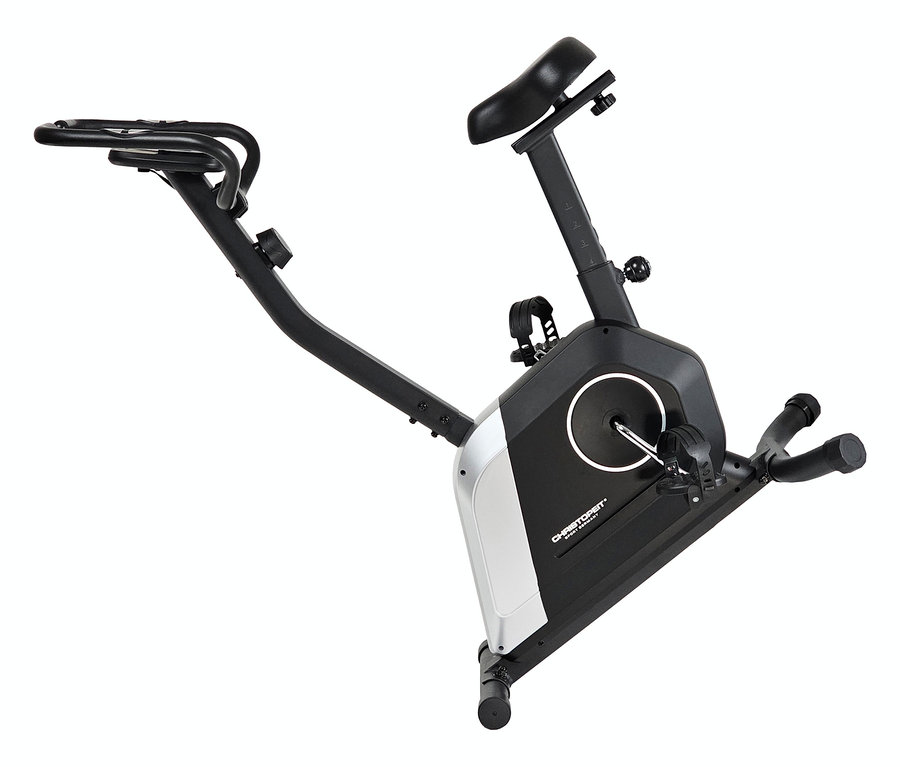 Schwarz-silbernes Heimtrainer mit schwarzem Sitz.