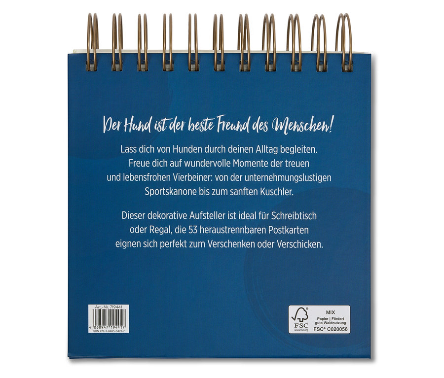 Blauer Tischkalender mit Hunde-Zitat und 53 heraustrennbaren Postkarten.