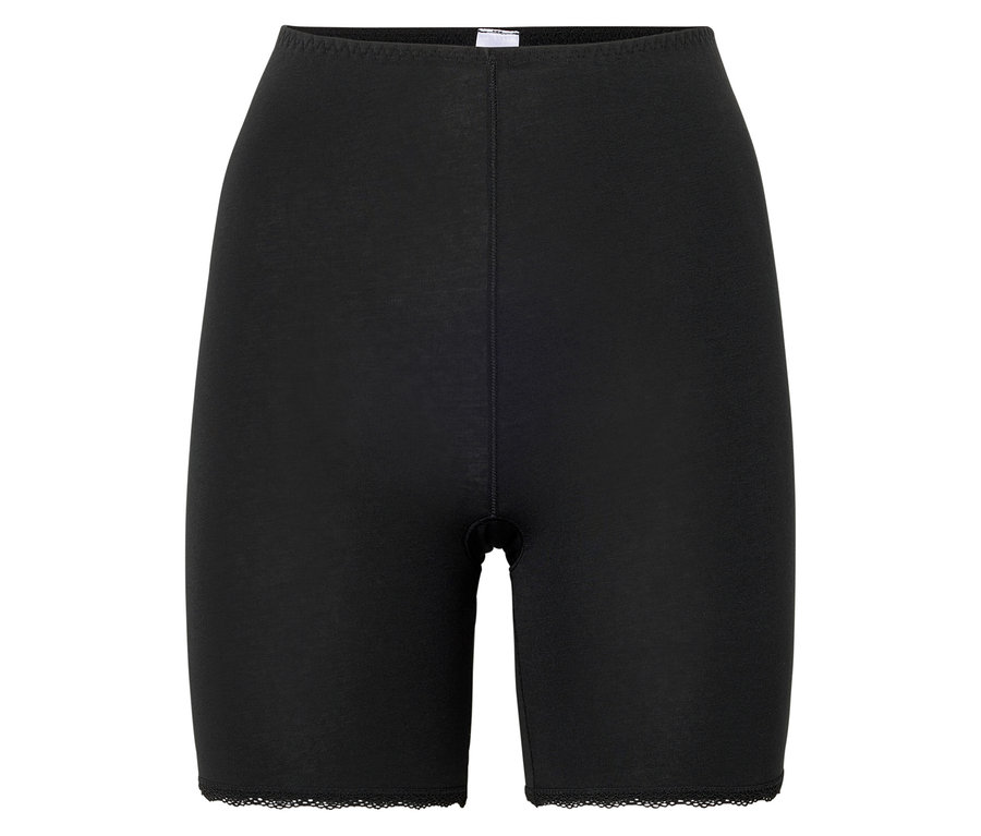 Schwarze, kurze Shapewear-Hose mit Spitzenbesatz am Beinabschluss.