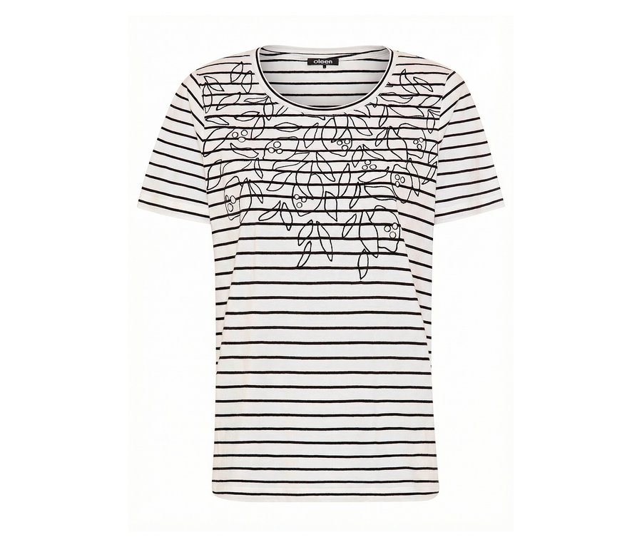 Olsen Shirt mit schwarzen Streifen und Blumenmuster auf weißem Grund.