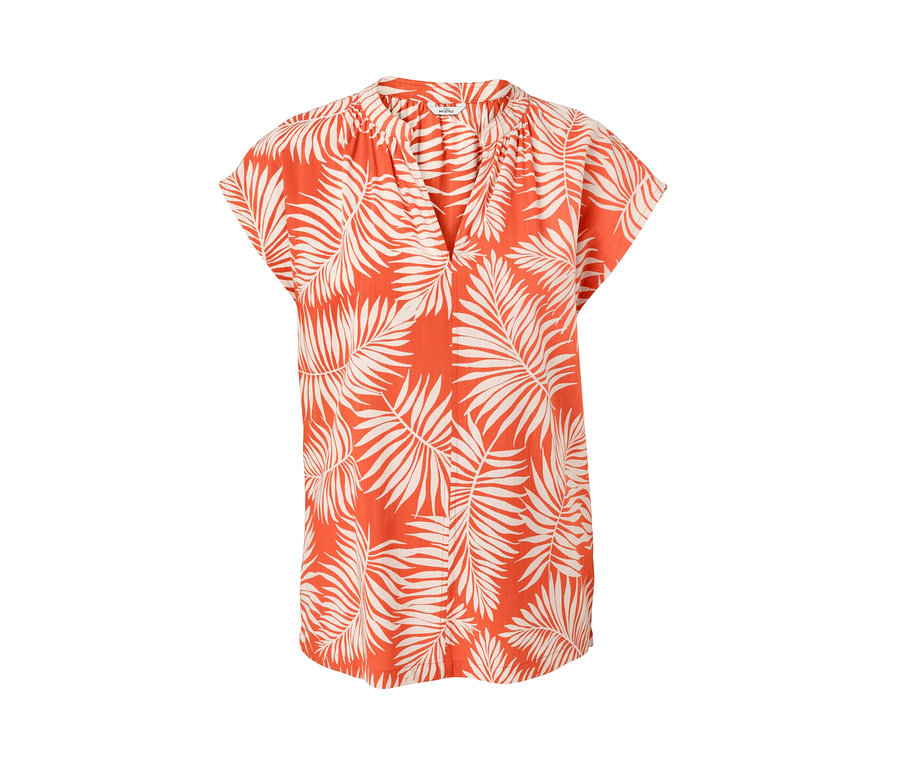 Orange, bedruckte Kurzarmbluse mit Blattmuster.