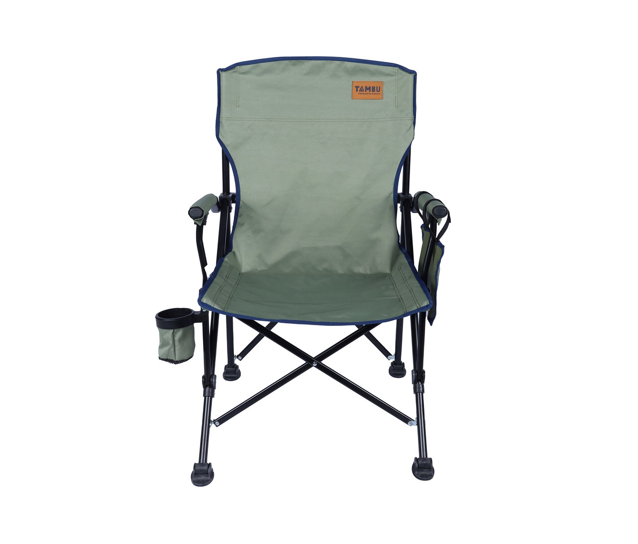 Grüner Tambu Camping-Faltstuhl »NADIRA« mit schwarzem Rahmen und Getränkehalter.