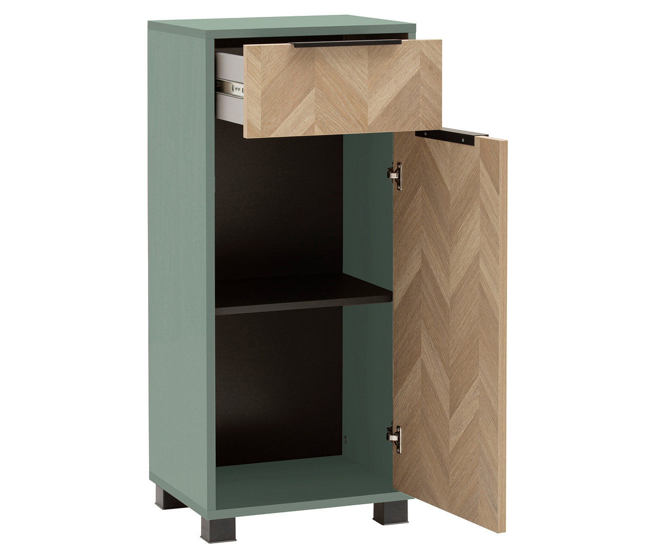 Hellgrüner Schrank mit offener Schublade und Tür.