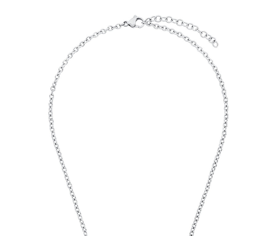 Nahaufnahme einer Amor Unisex-Halskette mit Kreuz-Anhänger auf einem weißen Hintergrund.