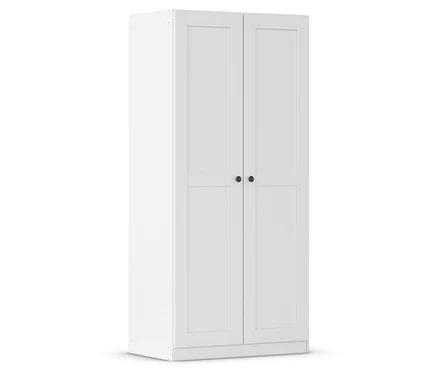 Weißer, geschlossener Kleiderschrank mit zwei Türen und runden Griffen vor einem weißen Hintergrund.