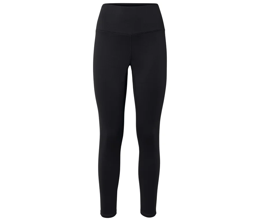 Schwarze Leggings mit hohem Bund liegen auf einem weißen Hintergrund.