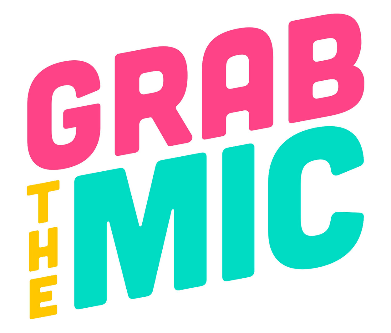Das Spiel »Grab the Mic« ist in pinker, gelber und türkiser Schrift auf weißem Hintergrund abgebildet.