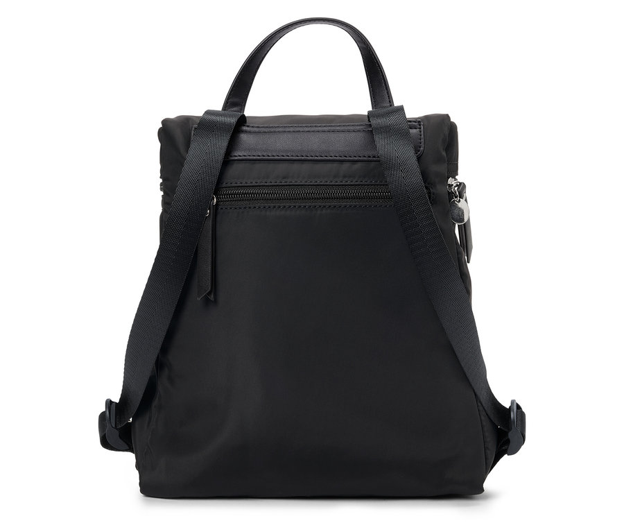 Rückansicht eines schwarzen Rucksacks mit Tragegriff und verstellbaren Schultergurten.