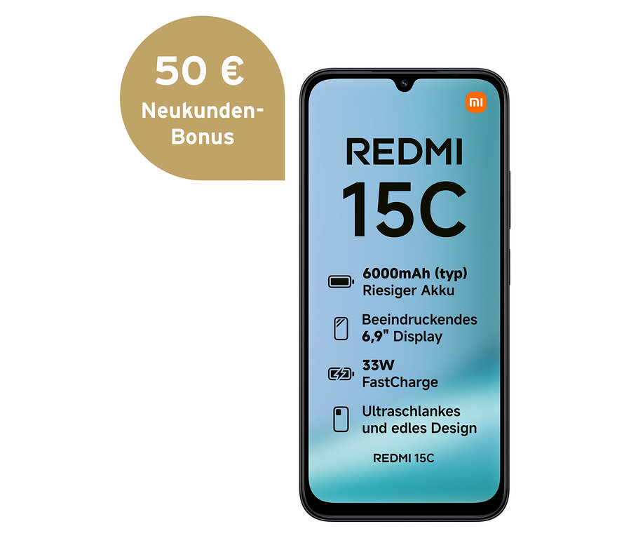 Das Xiaomi Redmi 15C 128 GB in Midnight Black wird gezeigt.