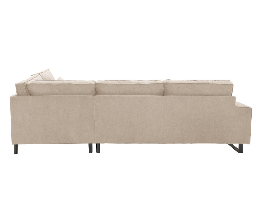 Rückansicht eines beigen Stoffsofas mit schwarzen Füßen.