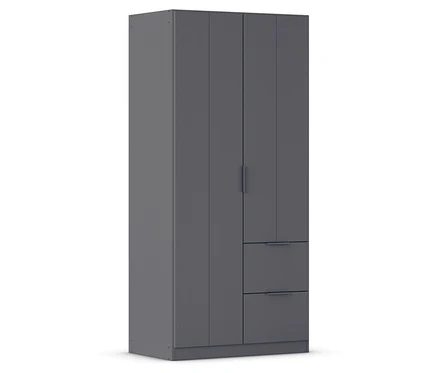 Grauer Kleiderschrank mit zwei Schubladen und einer Doppeltür.