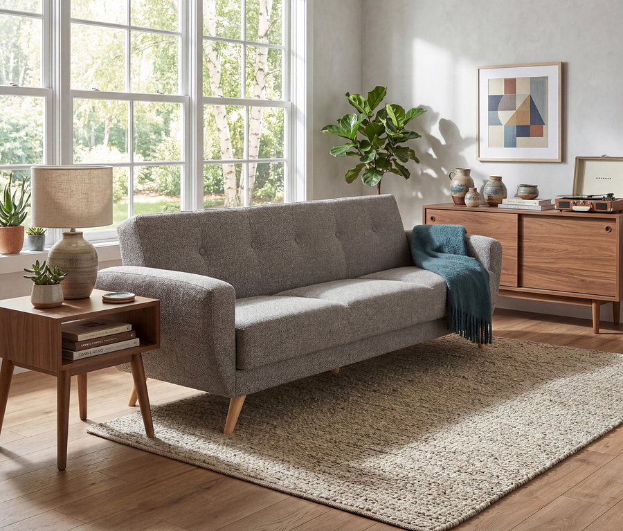 Wohnzimmer mit grau meliertem 3-Sitzer-Schlafsofa »Justus« vor Fenster. Beistelltisch links, Kommode rechts. Pflanze, Deko und Teppich.