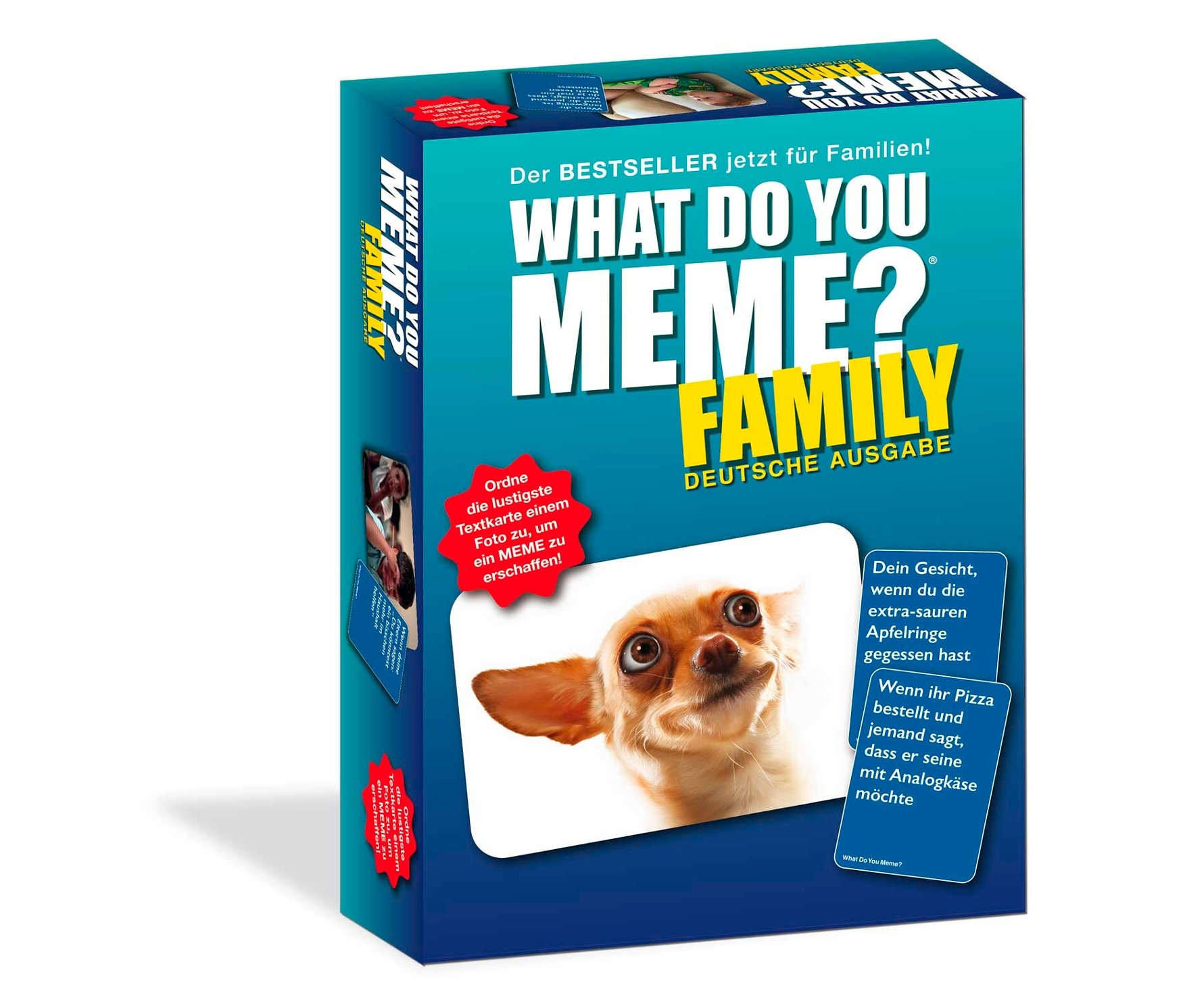 Das Spiel 'What Do You Meme? Family Deutsche Ausgabe' zeigt ein Foto eines Hundes und Textkarten.