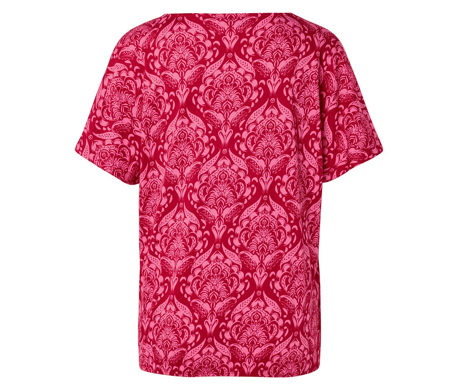 Rückansicht eines roten T-Shirts mit rosa Damastmuster.