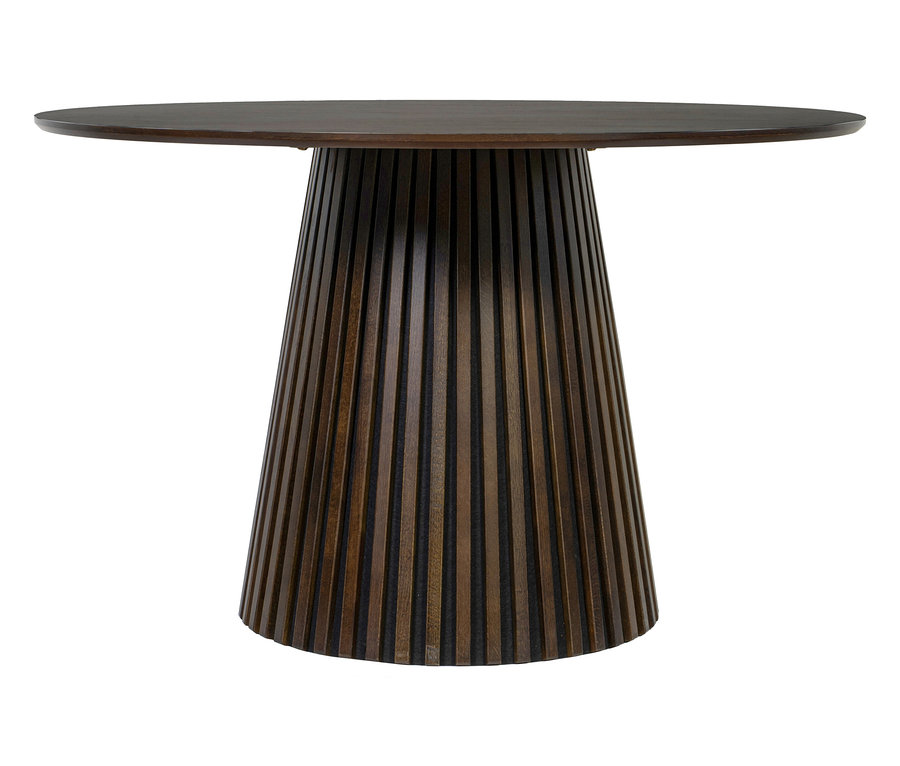 Nahaufnahme des runden deVries Diningtisch »Barletta« Smoaked Oak mit 120 cm Durchmesser.