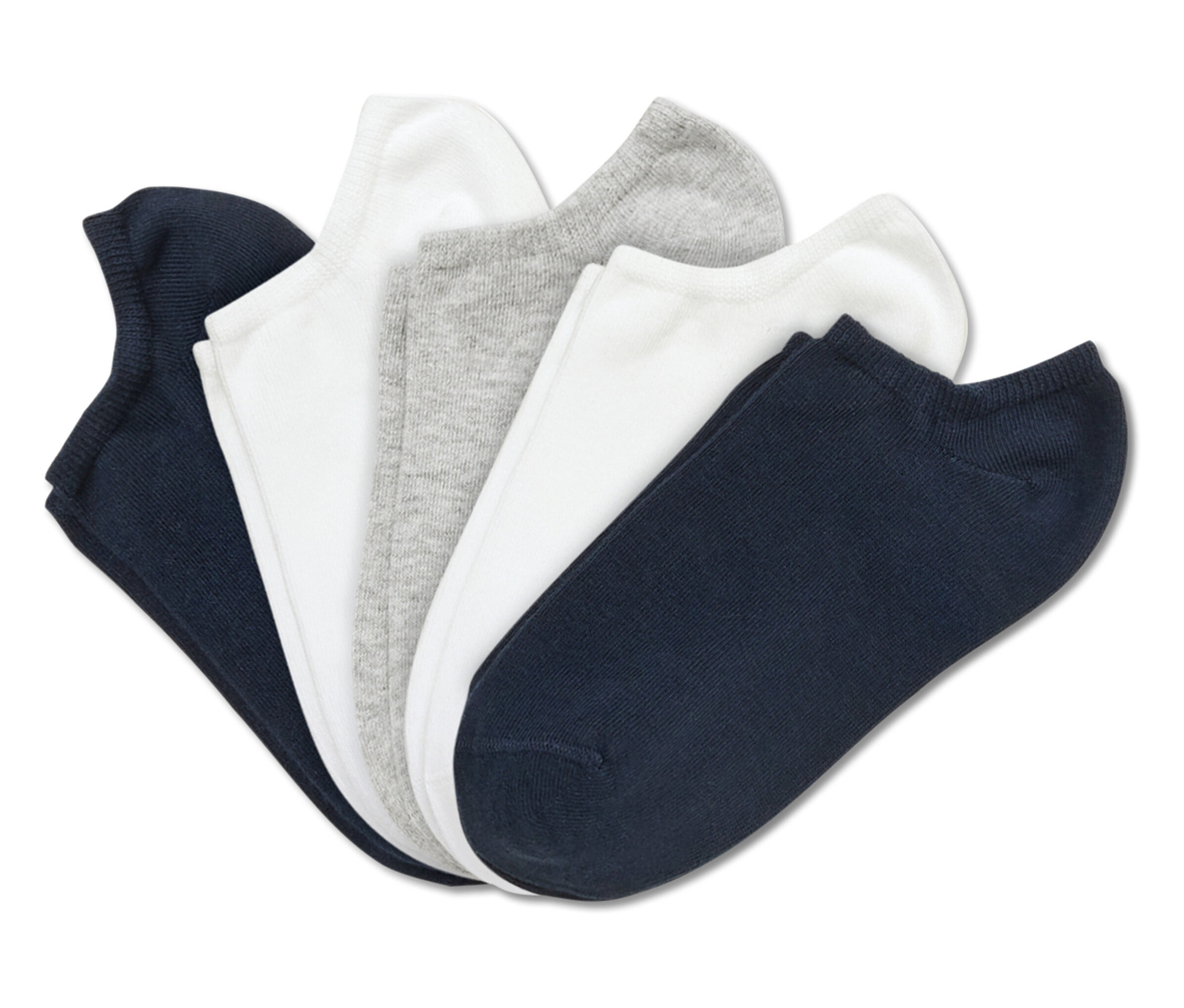 Nahaufnahme von fünf Socken in Marineblau, Weiß und Grau.