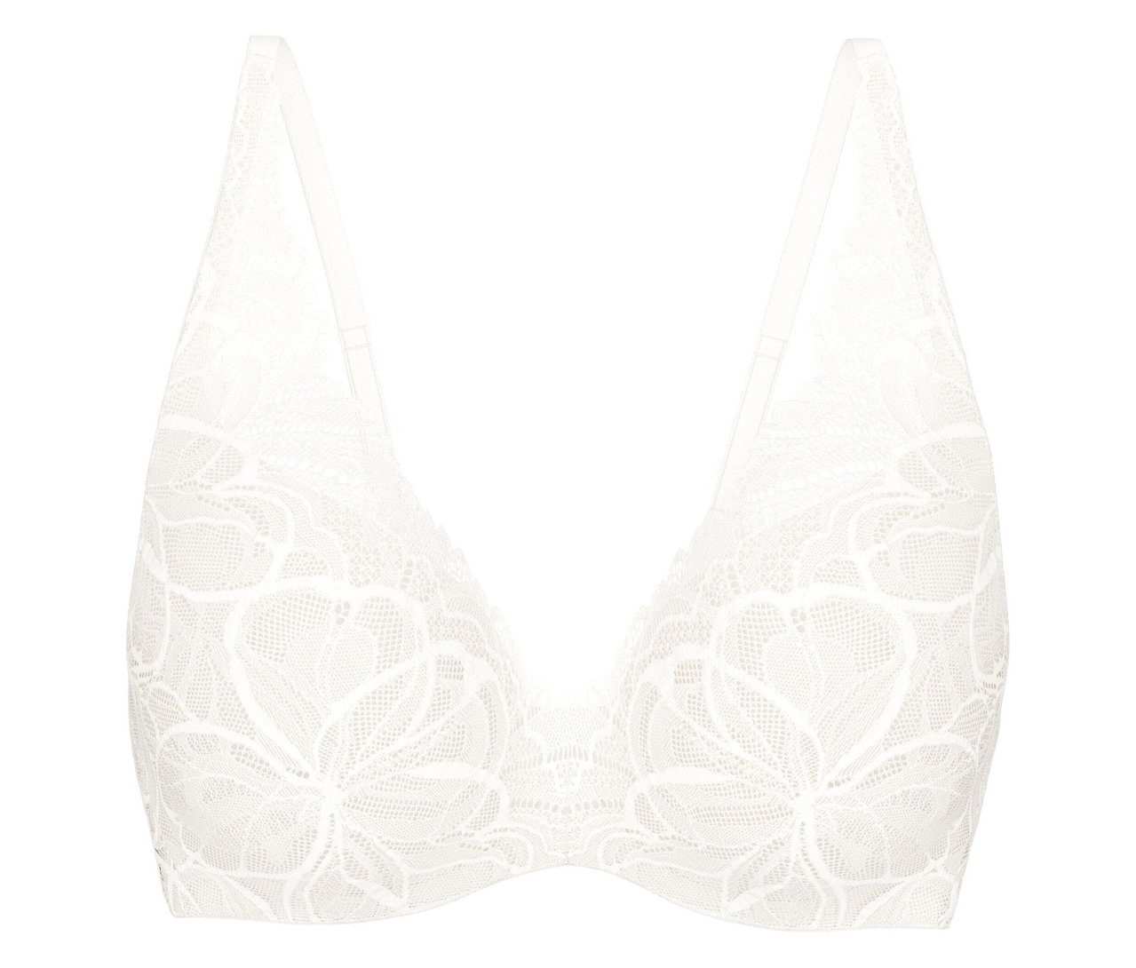 Weißer Triumph Body Makeup Illusion Lace WP BH mit floralem Spitzenmuster und dünnen Trägern.