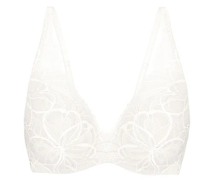 Weißer Triumph Body Makeup Illusion Lace WP BH mit floralem Spitzenmuster und dünnen Trägern.