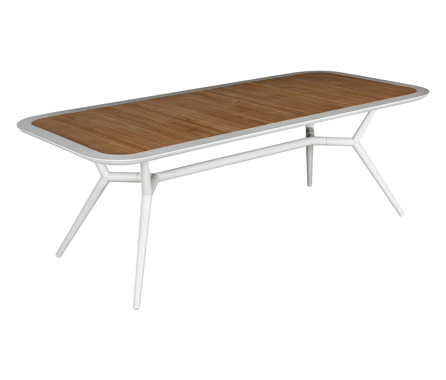 Der DeVries Tisch, 220 x 100cm, Teil des DeVries Dining-Sets, hat eine braune Tischplatte und ein weißes Gestell.