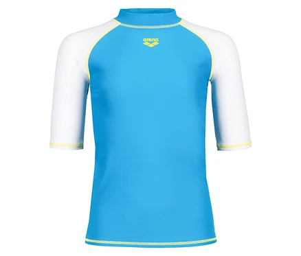Blaues Arena-Shirt mit weißen Ärmeln und gelben Akzenten.