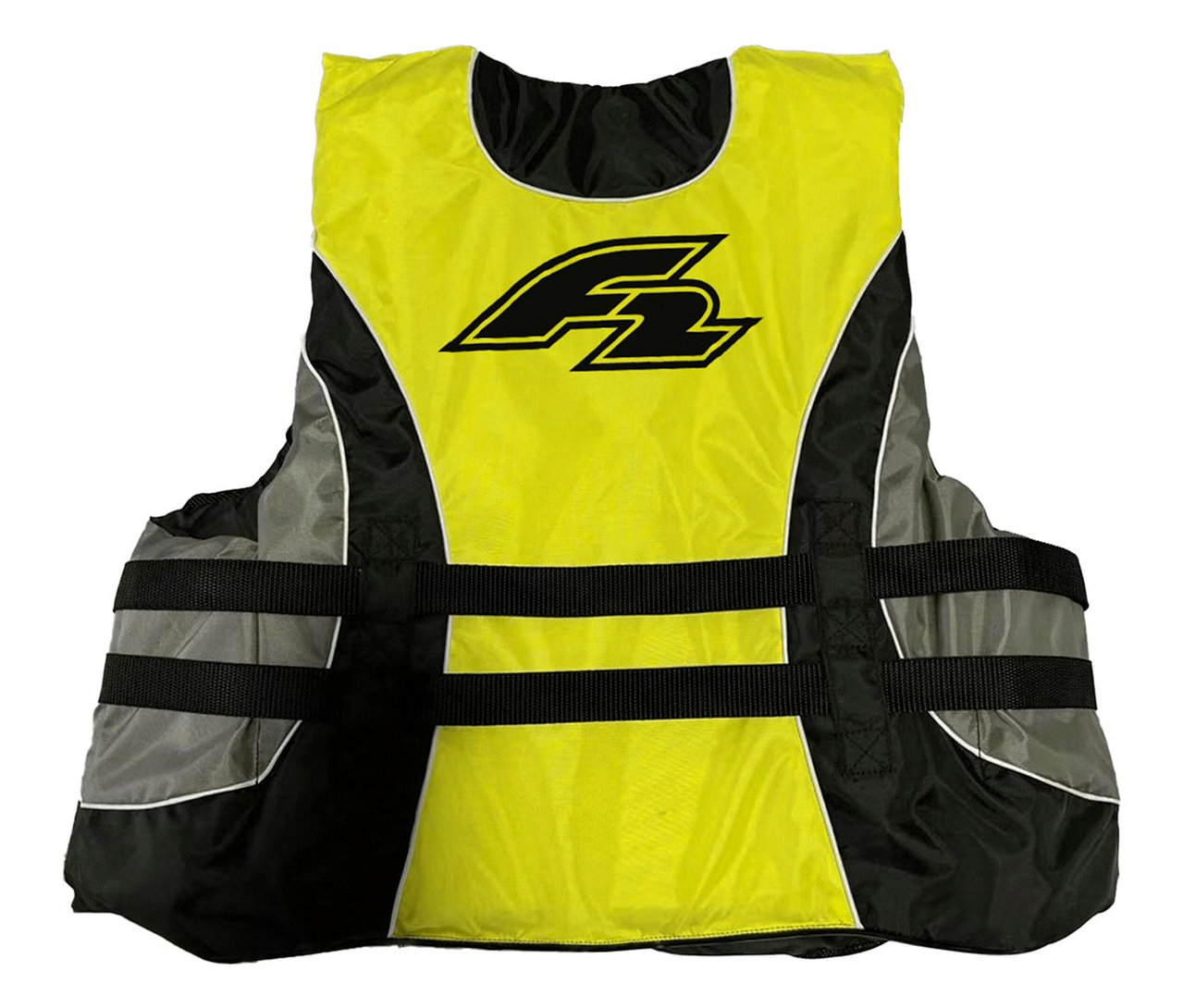 Gelbe F2 Schwimmweste mit schwarzem Logo, schwarzen und grauen Seiten und schwarzen Gurten.