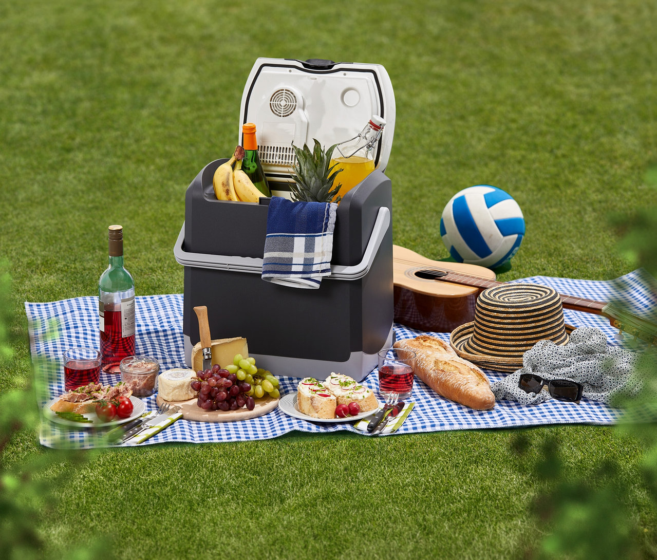 Picknick auf einer karierten Decke mit offener AEG Kühlbox »KK 20«, gefüllt mit Obst und Getränken. Daneben Käse, Brot, Sandwiches, Wein, eine Gitarre und ein Volleyball.