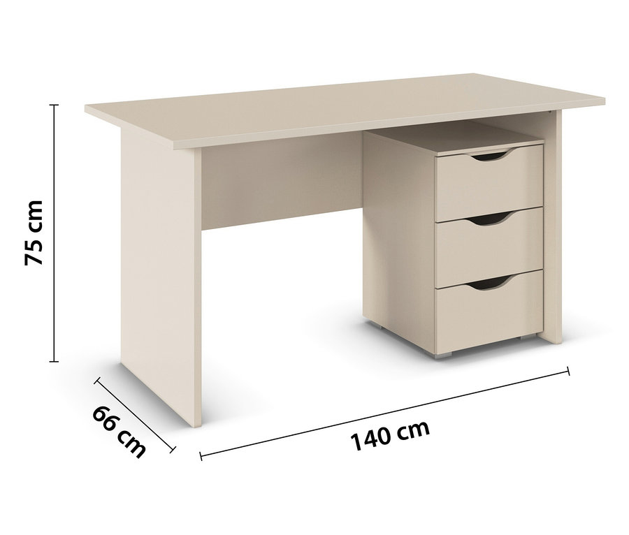 Beiger rauch Schreibtisch »Frieda« mit drei Schubladen und Größenangaben.