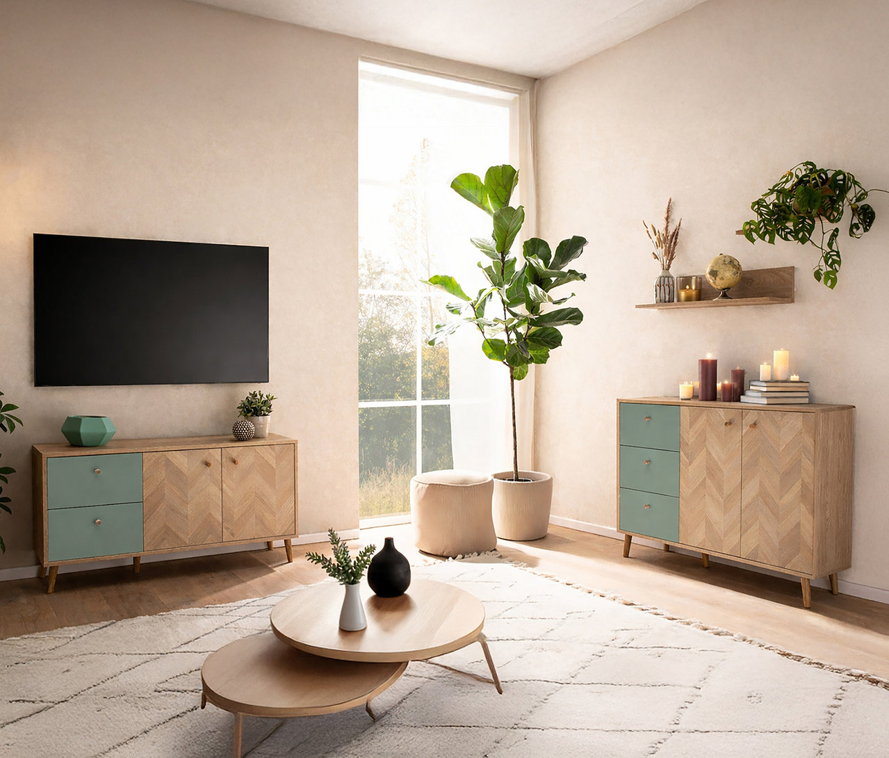 Wohnzimmer mit zwei Kommoden, einem Fernseher, einem runden Couchtisch und Zimmerpflanzen.