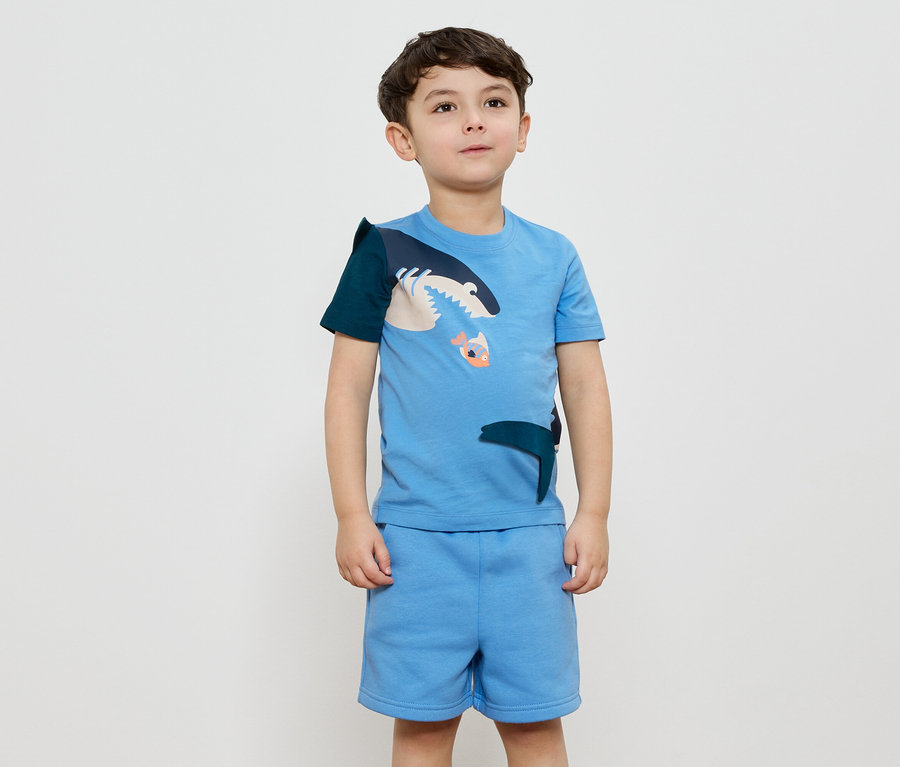 Ein Junge trägt ein hellblaues T-Shirt mit einem Hai-Design und passende Shorts.