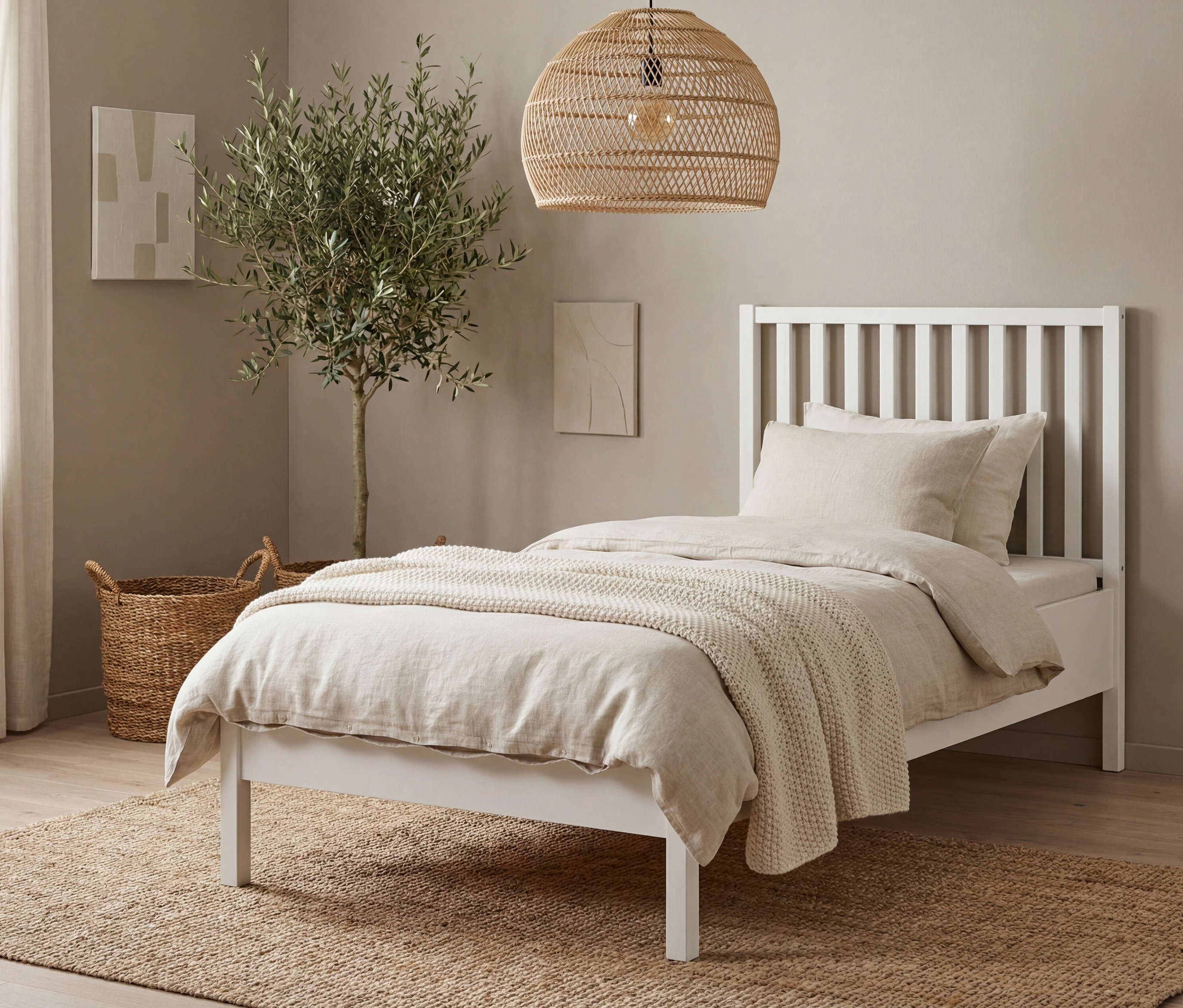 Ein weißes Bett mit beiger Bettwäsche steht auf einem braunen Teppich. Eine Korblampe hängt über dem Bett, neben dem ein Olivenbaum steht.