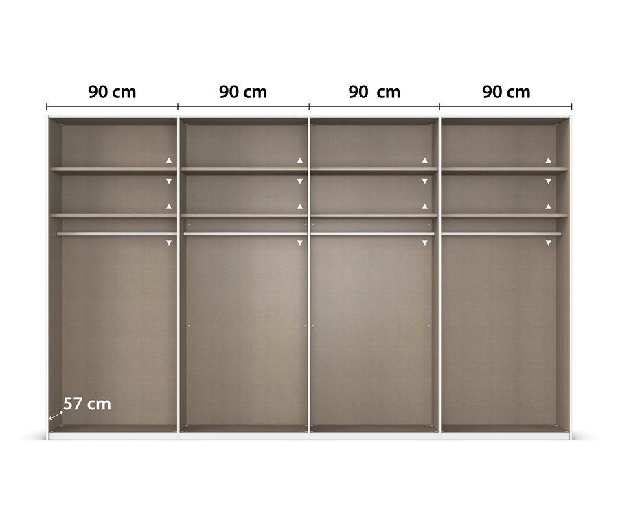 Vorderansicht eines weißen Schranks mit vier Abteilen, jeweils 90 cm breit und 57 cm tief, mit Regalböden und Kleiderstangen.