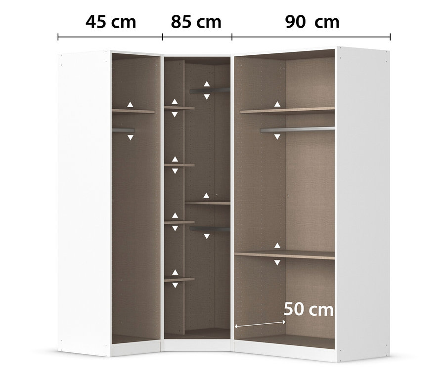 Offener Eckkleiderschrank in Weiß mit Regalböden links, Regalböden mittig und Kleiderstange rechts. Maße sind sichtbar.
