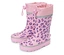 Ein Paar rosa Kindergummistiefel mit lila Leopardenmuster stehen nebeneinander.
