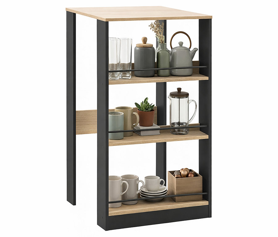 Ein Regal mit drei Ebenen zeigt Gläser, Tassen, eine Teekanne, eine Kaffeepresse, eine Pflanze und eine Holzkiste mit Zwiebeln.