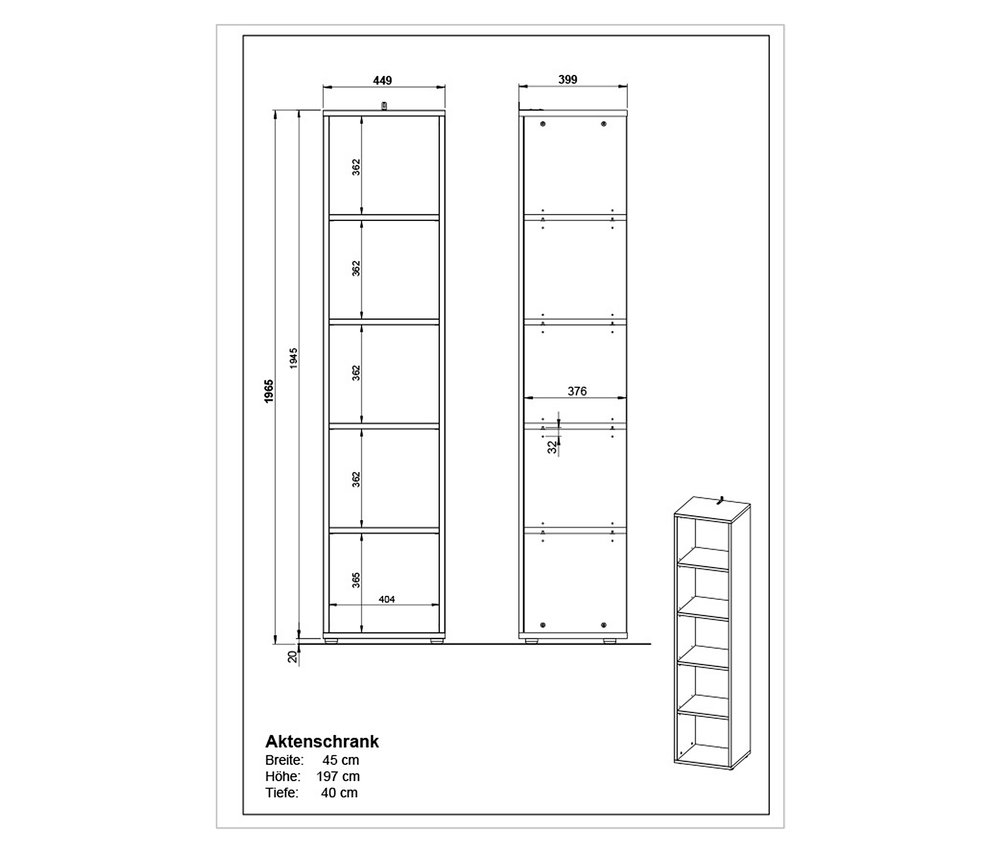 Technische Zeichnung eines Aktenregals »Agenda« mit 5 Fächern und Maßangaben.