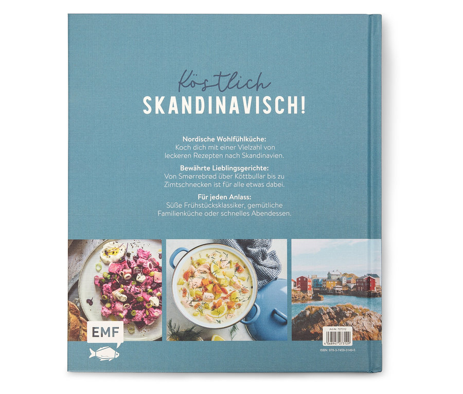 Das Kochbuch "Köstlich Skandinavisch!" zeigt auf dem Cover drei Fotos von Gerichten und eine Küstenstadt.
