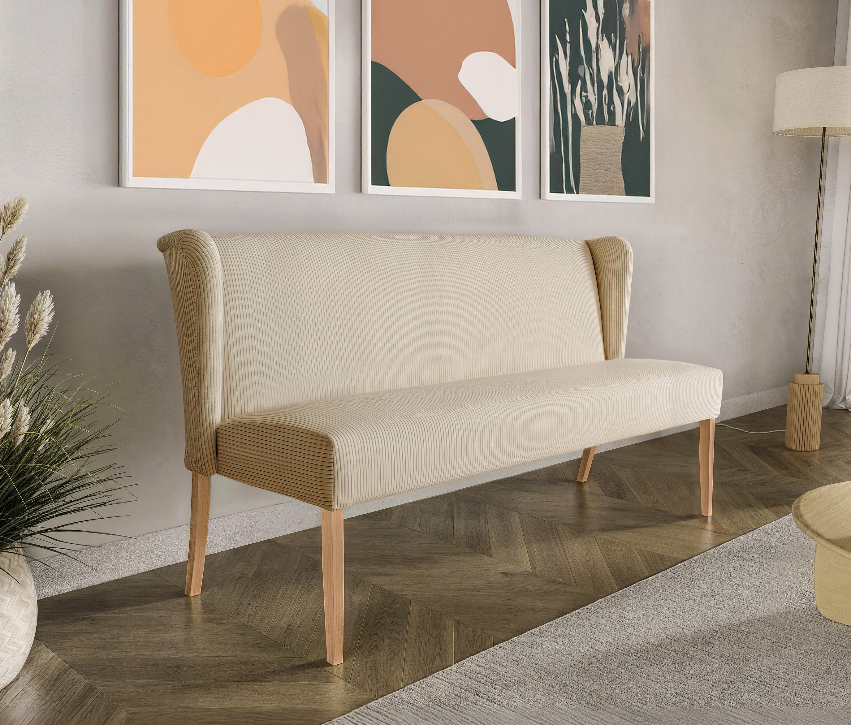 Cremefarbene Polsterbank »Hendrick« mit Cordstoff steht in einem Wohnzimmer.