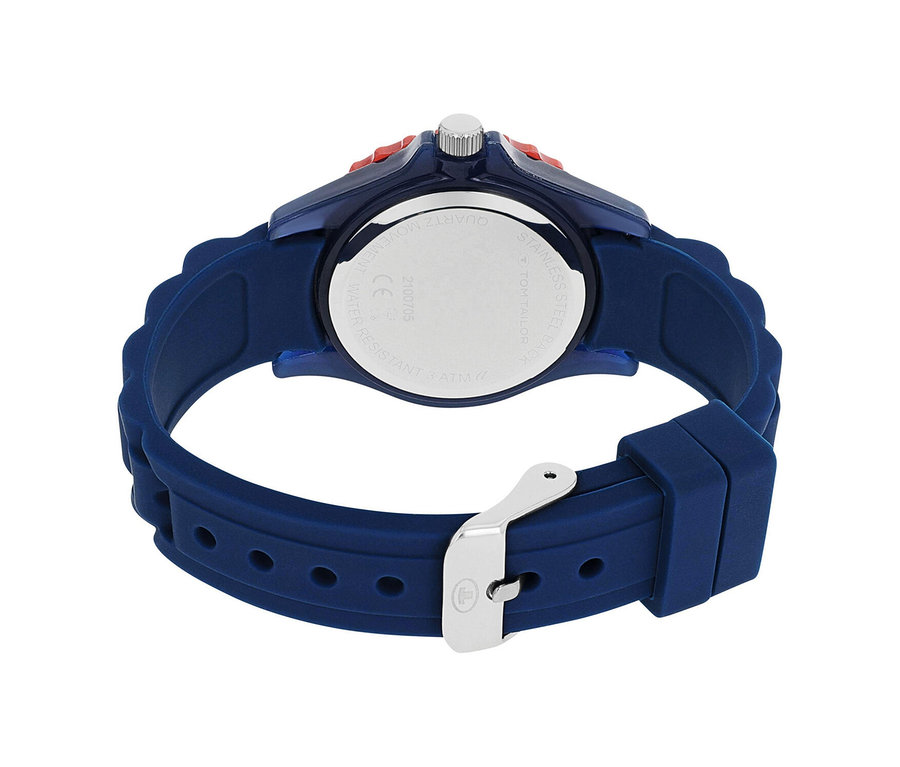 Dunkelblaue Uhr, Rückansicht. Mit dunkelblauem Silikonarmband, silberfarbenem Gehäuseboden mit Gravuren und einer silbernen Schnalle. Rote Akzente sind nahe der Krone sichtbar.