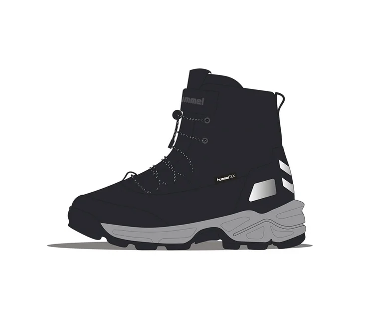 Schwarzer hummel® »Schneestiefel Snow Boot Tex« mit grauer Sohle, gesprenkelten Schnürsenkeln und silbernen Akzenten.