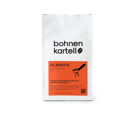 Weiße Packung bohnenkartell - Classico Espresso - 250 g Ganze Bohne mit Aufschrift „bohnenkartell“, „CLASSICO“ und einer Zeichnung einer Siebträgermaschine.