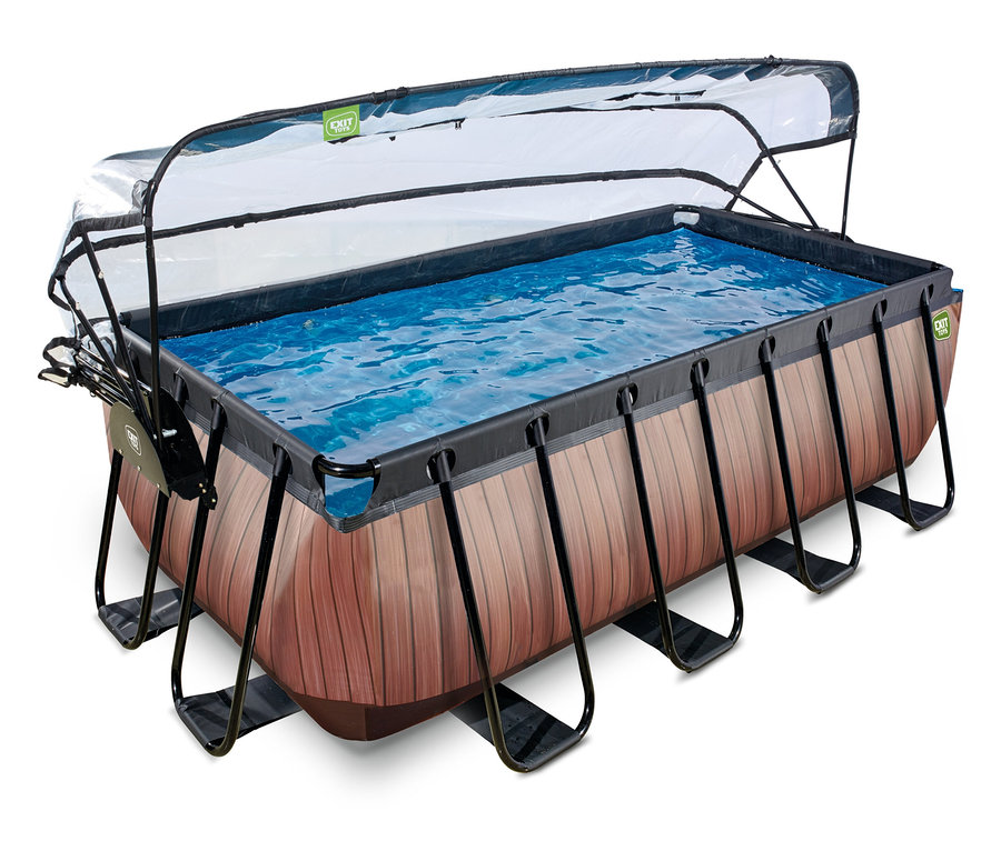 Rechteckiges EXIT Pool-Set in Holzoptik, 400 x 200 cm, gefüllt mit blauem Wasser und teilweise geöffneter transparenter Abdeckung.
