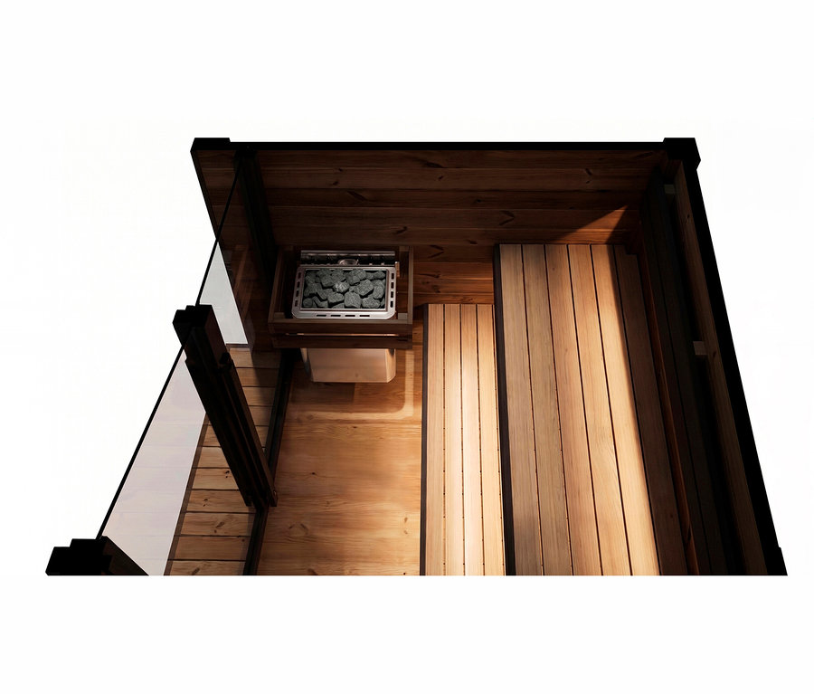 Innenansicht einer Holzsauna mit Holzwänden, -boden und -bänken. Ein Saunaofen mit dunklen Steinen ist an der linken Wand montiert. Links ist eine Glasscheibe sichtbar.