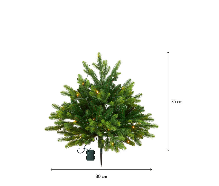 Grüner künstlicher Weihnachtsbaum mit Lichterkette, Batteriepack und Erdspieß, 75 cm hoch und 80 cm breit.