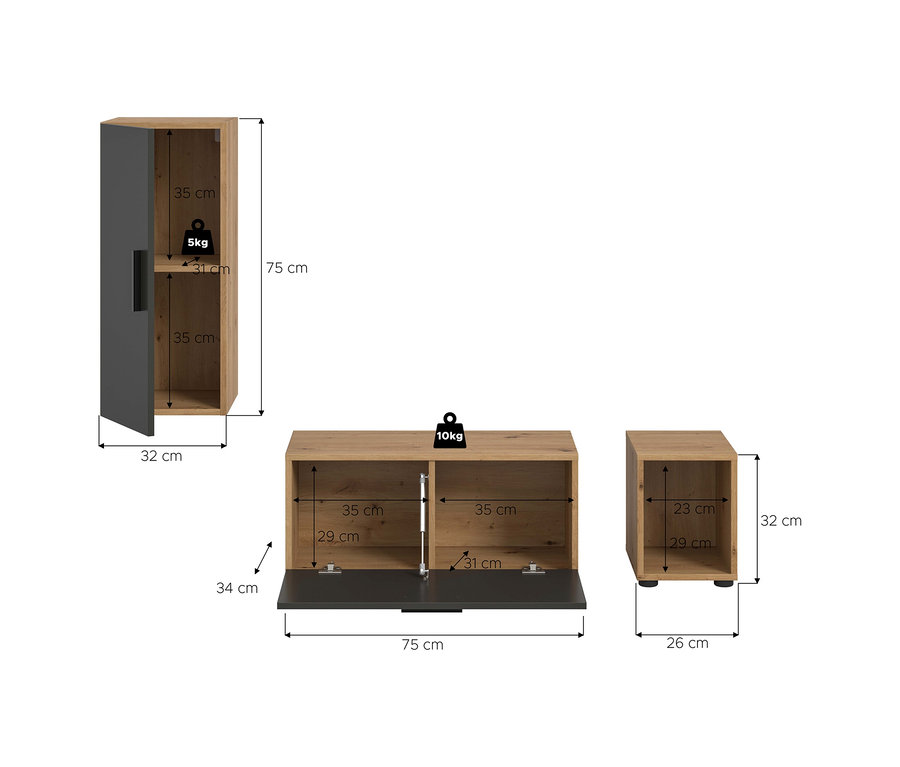 Drei modulare Möbelstücke der xonox Wohnwand »The One« in Grau und Holzoptik. Ein Hochschrank mit geöffneter grauer Tür, ein Lowboard mit geöffneter grauer Klappe und ein offenes Regal sind mit Maßen und Belastungsgrenzen dargestellt.