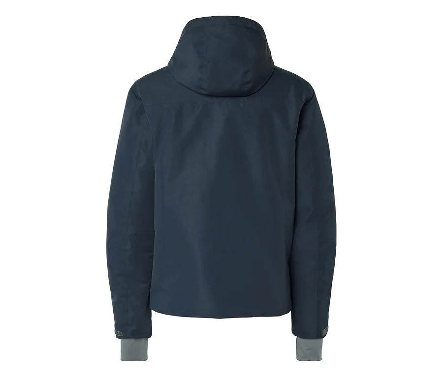 Dunkelblaue Jacke von hinten gesehen, mit Kapuze und langen Ärmeln mit grauen Bündchen.