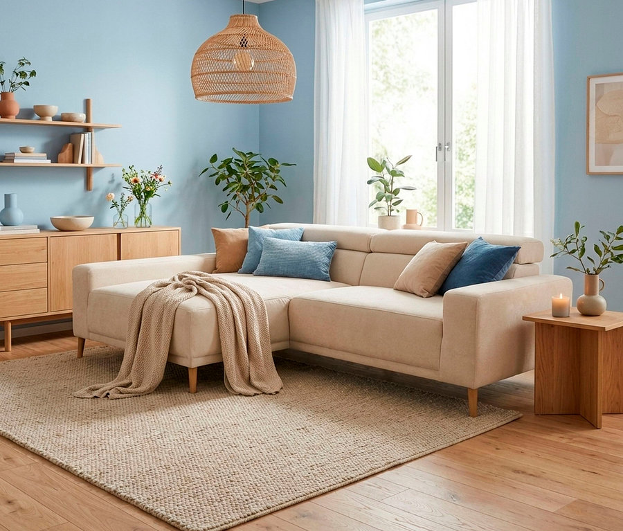 Ein helles Wohnzimmer mit hellblauen Wänden, einem beigen L-förmigen Sofa mit Decke und blauen sowie braunen Kissen. Eine große Rattan-Pendelleuchte hängt von der Decke. Holzregale, ein Sideboard und ein Beistelltisch sind mit Pflanzen und Dekorationen bestückt. Ein beiger Teppich liegt auf dem Holzboden, und ein großes Fenster mit weißen Vorhängen befindet sich rechts.