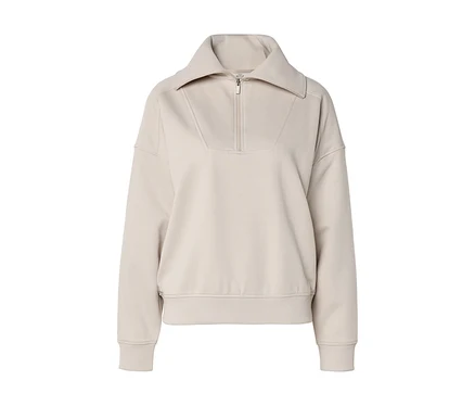 Helles beiges Langarm-Sweatshirt mit breitem Kragen und kurzem Reißverschluss vorne, mit gerippten Bündchen und Saum.