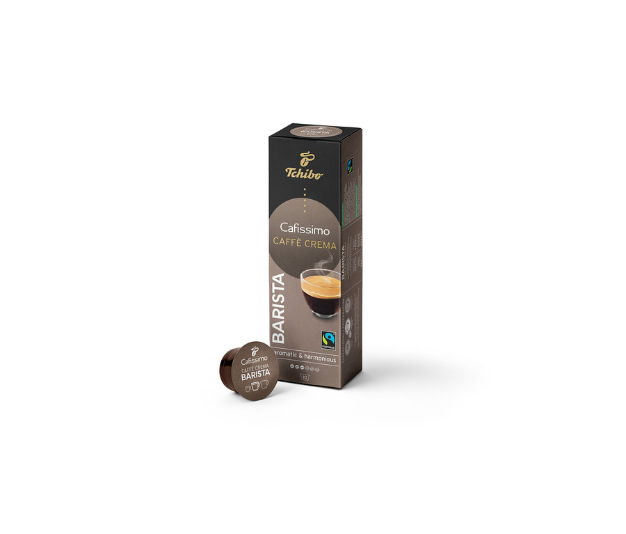 Eine Packung Cafissimo BARISTA Caffè Crema - 10 Kapseln und eine einzelne Kapsel.